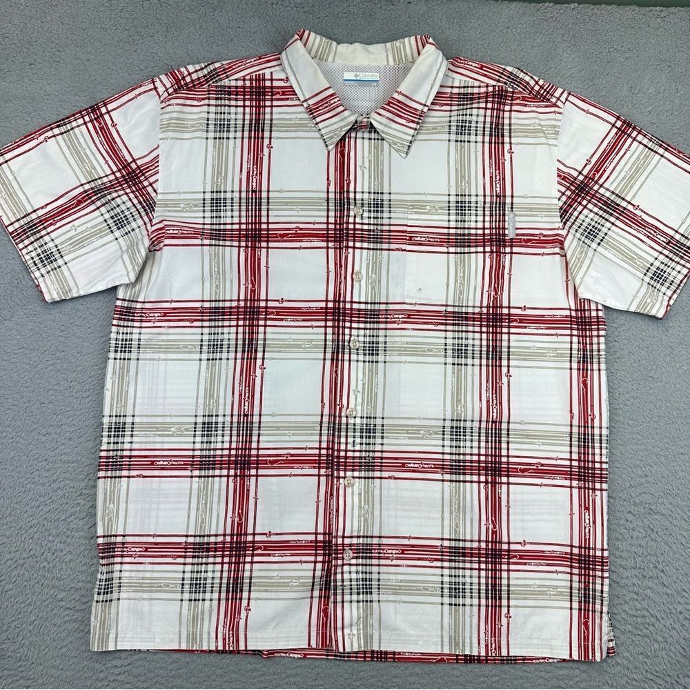 Columbia PFG Shirt Mens Large White Red Plaid Fish Hook Fishing Outdoor Hiking